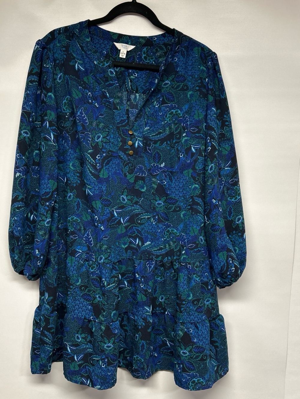 Time and Tru Blue and Green Floral Long-Sleeve Tiered Dress